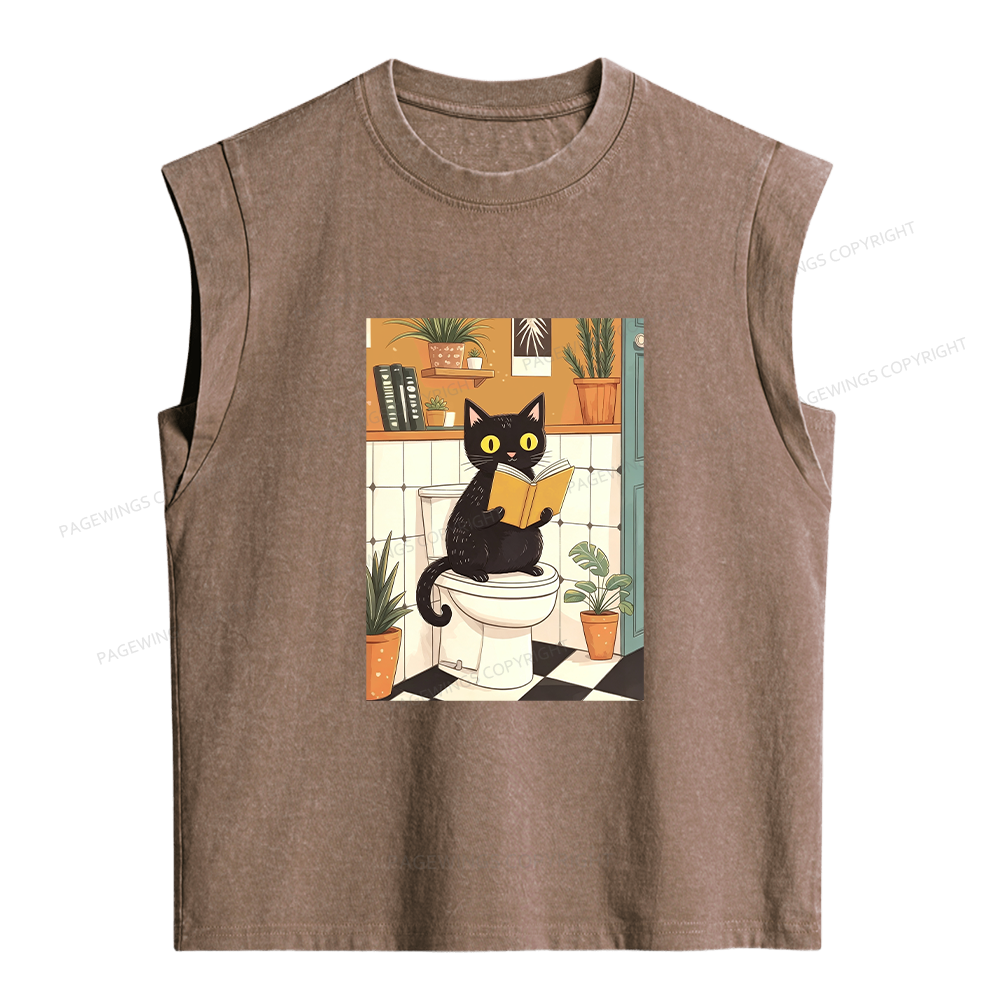 Pagewings Cat Reading on Toilet Women's Washed Tank Top