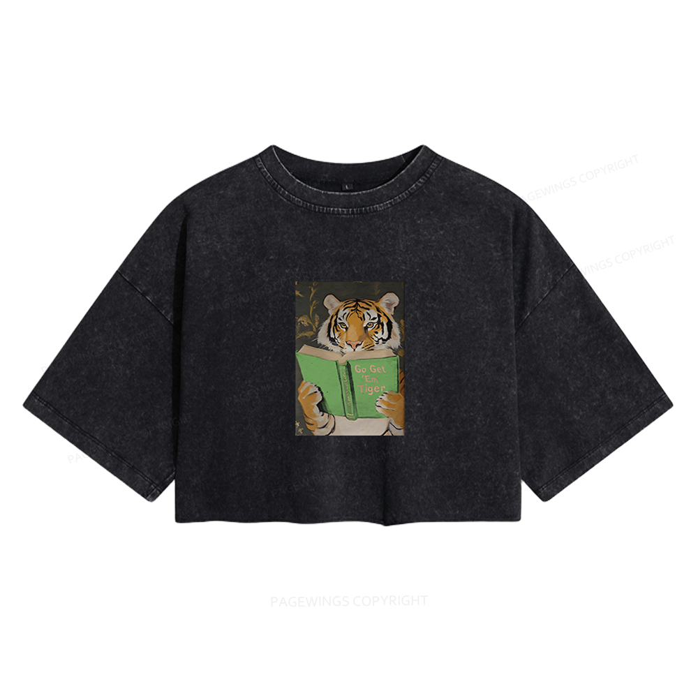 Pagewings Motivational Tiger Reading Women's Washed Cropped T-shirt
