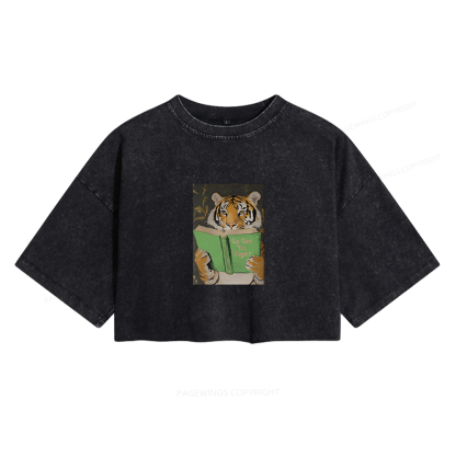 Pagewings Motivational Tiger Reading Women's Washed Cropped T-shirt