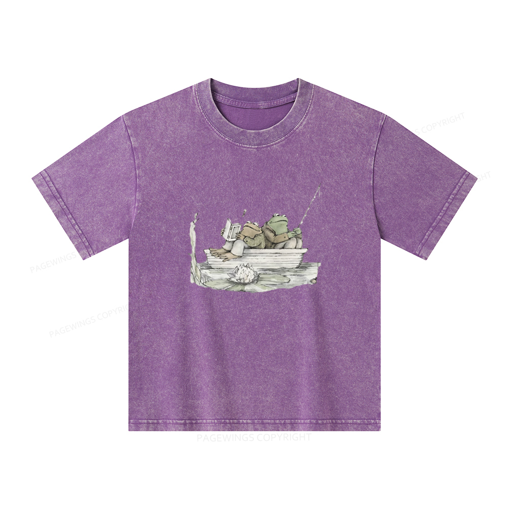 Pagewings Frog Reading Unisex Kids Washed T-shirt