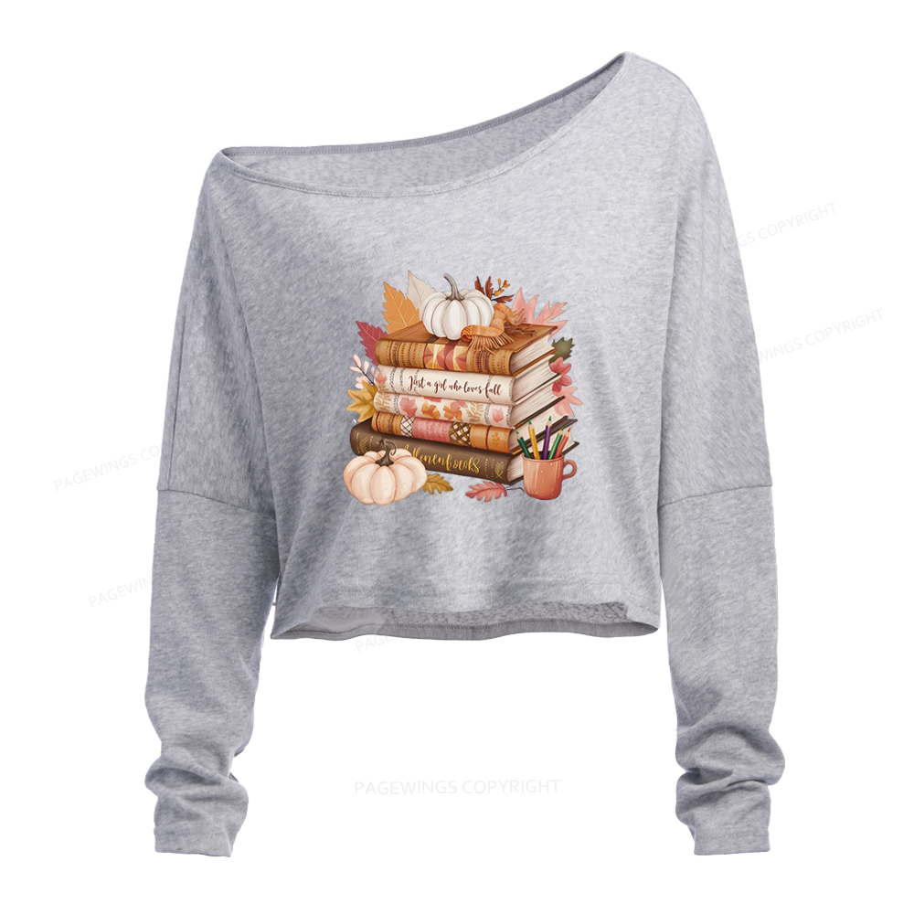 Pagewings Thanksgiving Fall Pumpkin Slouchy Long Sleeve Off Shoulder T-shirt
