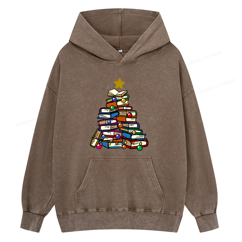 Pagewings Christmas Tree Bookworm Unisex Washed Hoodie