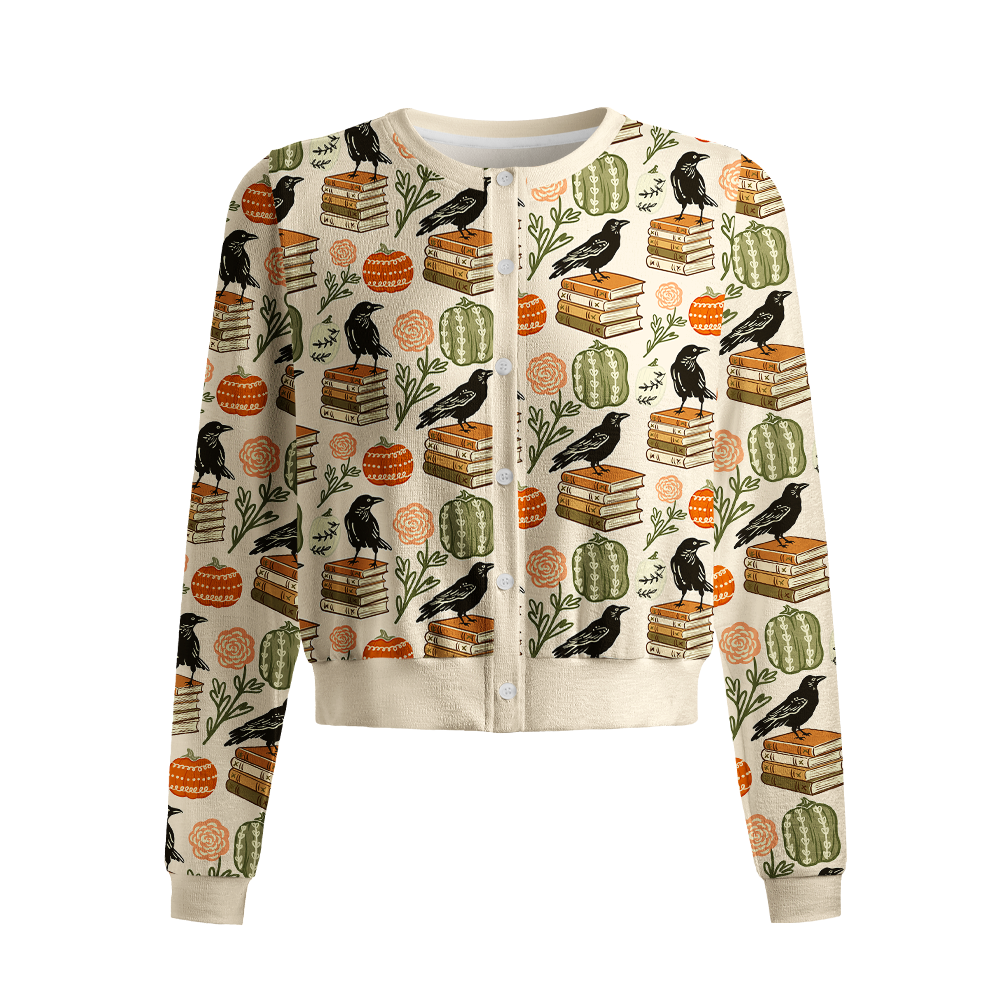 Pagewings Halloween Bookish Crew Neck Cardigan Sweaters