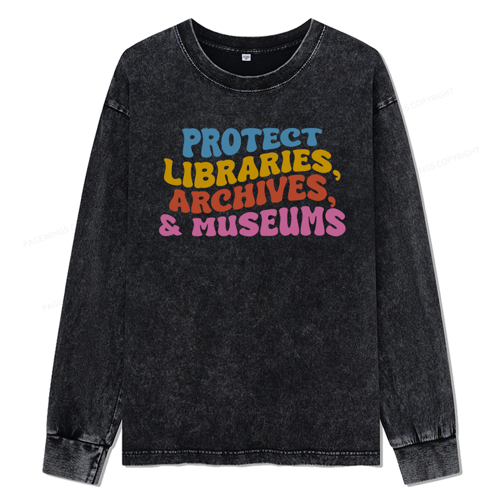 Pagewings Protect Libraries Archives And Museums Unisex Washed Long Sleeve T-shirt