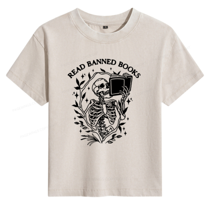 Pagewings Read Banned Books Skeleton Halloween Goth Protest Women's Washed T-shirt