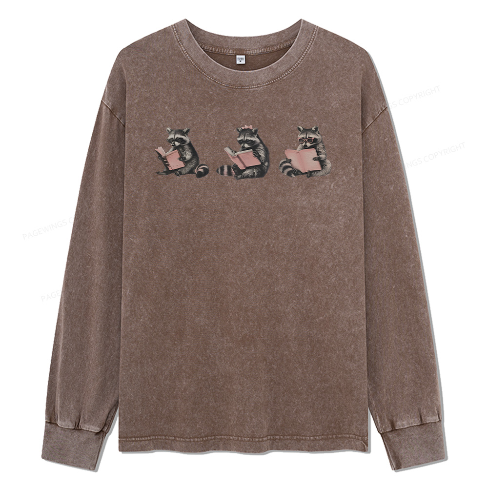 Pagewings Funny Raccoon Bookish Gift Unisex Washed Long Sleeve T-shirt