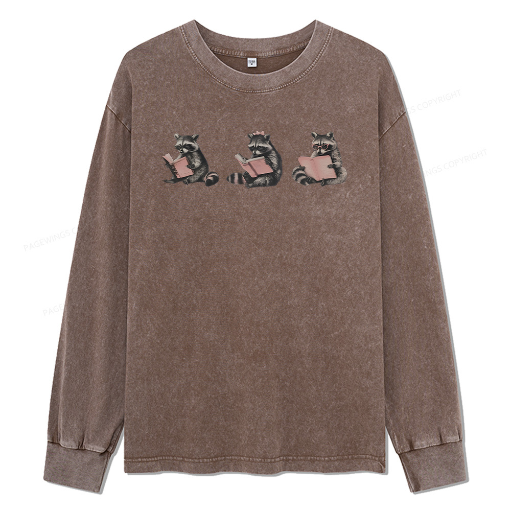 Pagewings Funny Raccoon Bookish Gift Unisex Washed Long Sleeve T-shirt