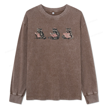 Pagewings Funny Raccoon Bookish Gift Unisex Washed Long Sleeve T-shirt