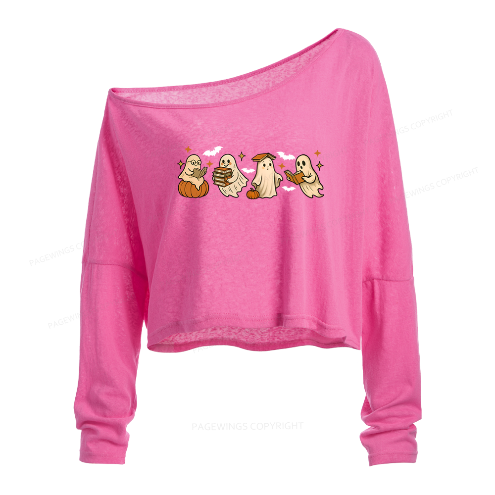 Pagewings Cute Ghost Reading Book Halloween Slouchy Long Sleeve Off Shoulder T-shirt