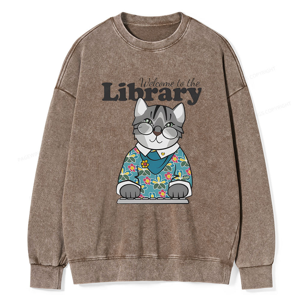 Pagewings Welcome to the Library Cat Unisex Washed Sweatshirt