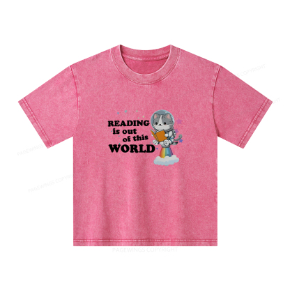 Pagewings Cat Reading in Space Unisex Kids Washed T-shirt