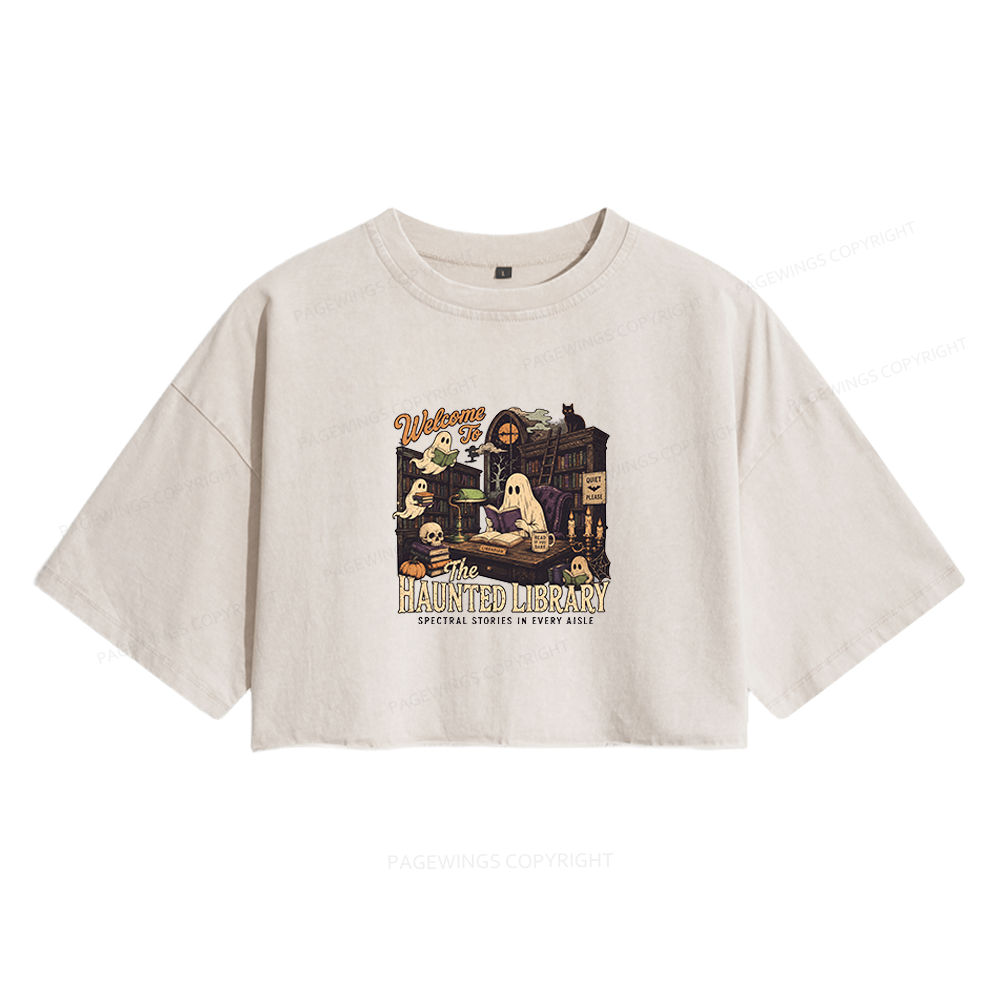 Pagewings Haunted Library Women's Washed Cropped T-shirt