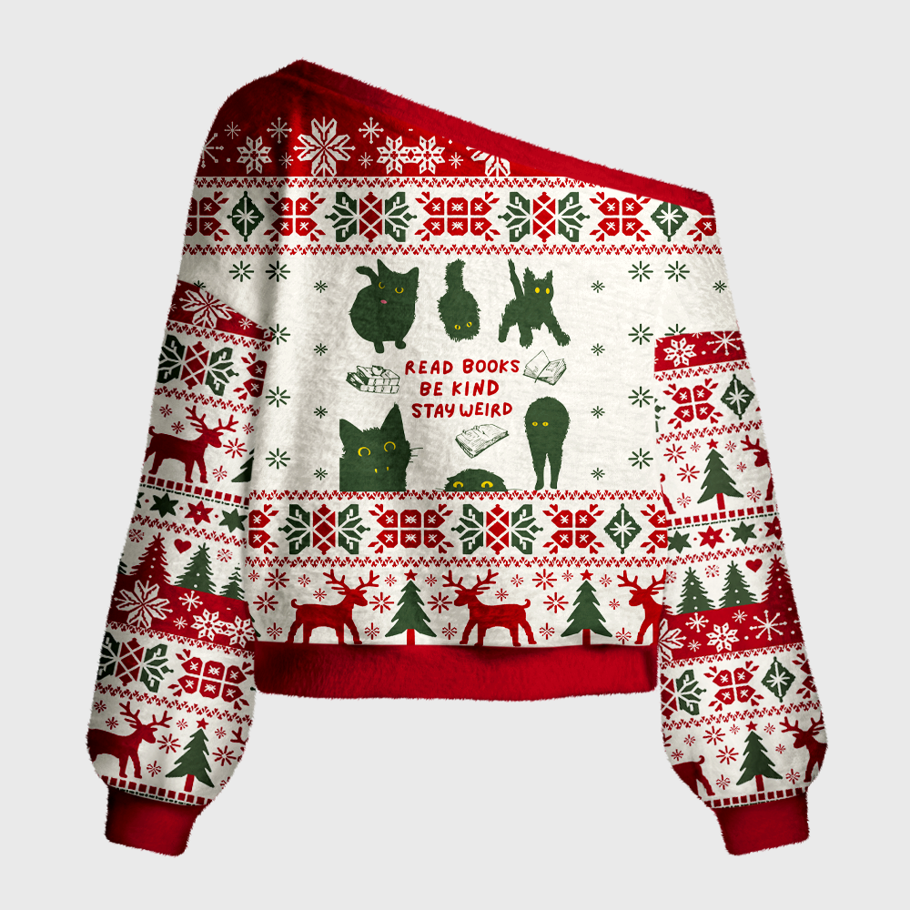 Pagewings Cat Lover Book Reader Off Shoulder Ugly Knit Sweater