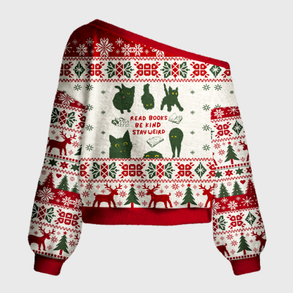 Pagewings Cat Lover Book Reader Off Shoulder Ugly Knit Sweater