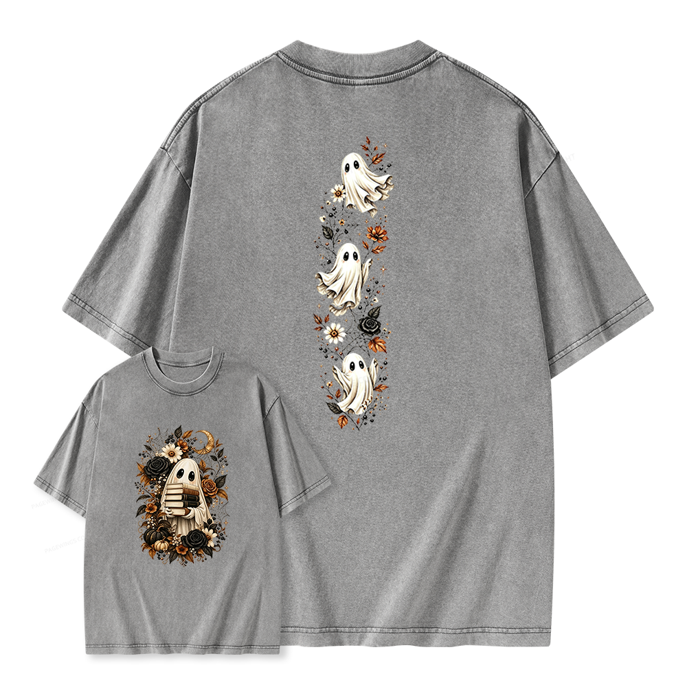 Pagewings Halloween Floral Ghost Bookish Unisex Washed T-shirt