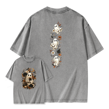 Pagewings Halloween Floral Ghost Bookish Unisex Washed T-shirt