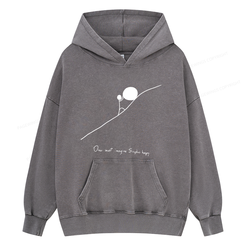Pagewings One Must Imagine Sisyphus Happy Unisex Washed Hoodie