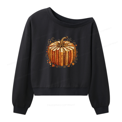 Pagewings Fall Book Pumpkin Women Off Shoulder Sweatshirt