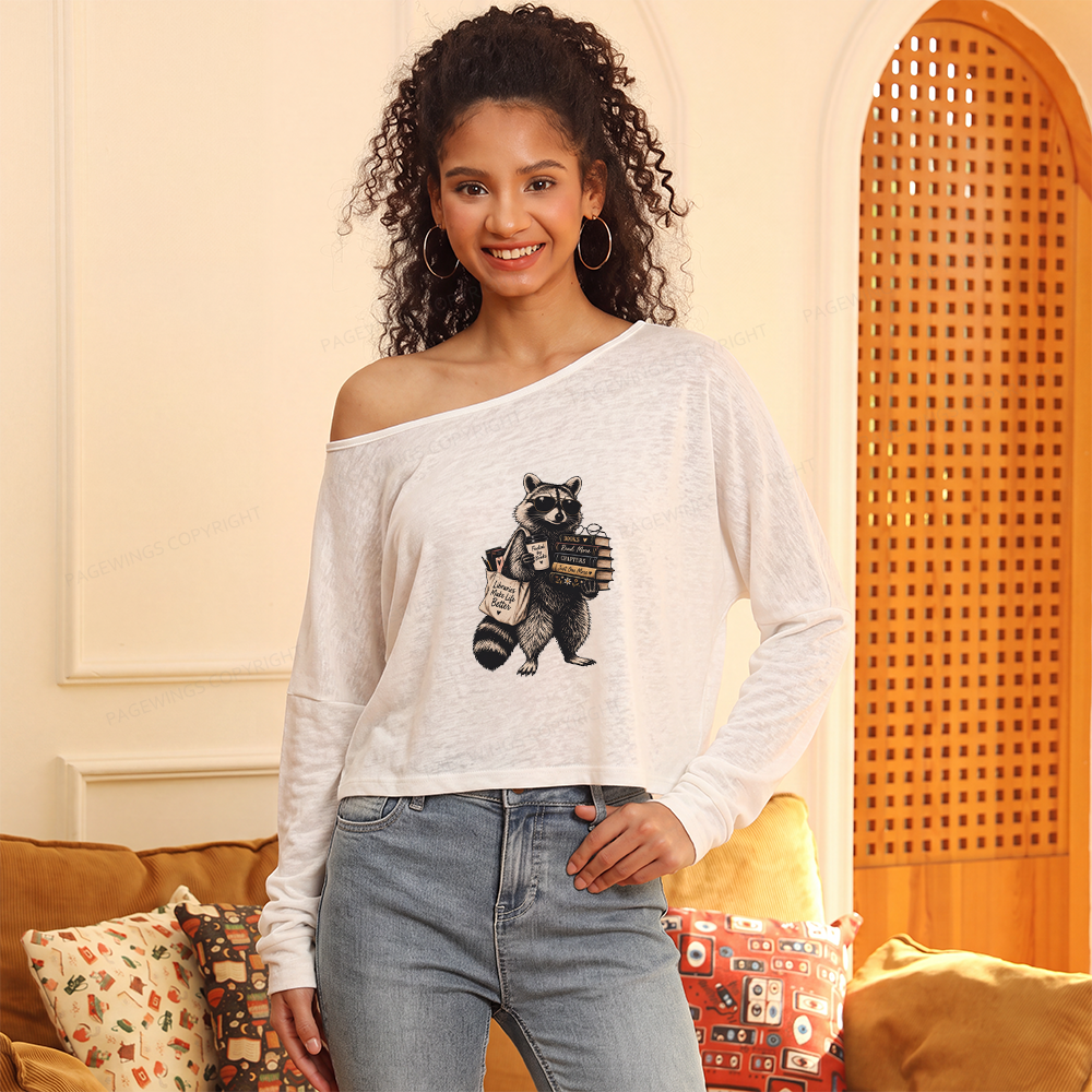 Pagewings Book Lover Raccoon Slouchy Long Sleeve Off Shoulder T-shirt