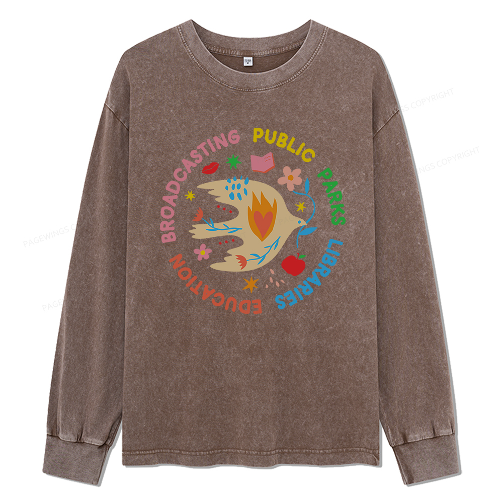 Pagewings Public Parks Libraries Education Broadcasting Unisex Washed Long Sleeve T-shirt