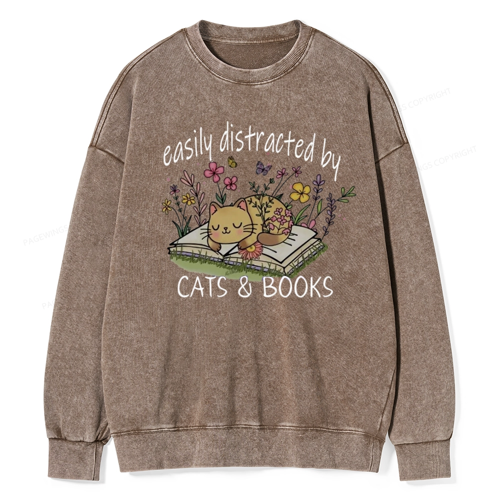 Pagewings Easily Distracted By Cats And Books Unisex Washed Sweatshirt