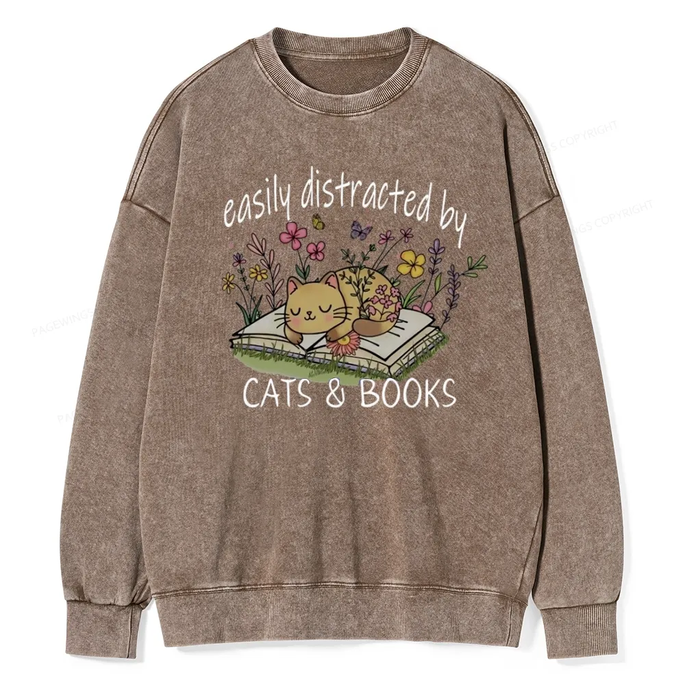 Pagewings Easily Distracted By Cats And Books Unisex Washed Sweatshirt