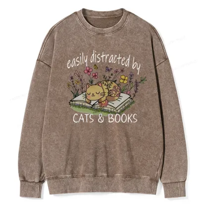 Pagewings Easily Distracted By Cats And Books Unisex Washed Sweatshirt