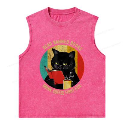Pagewings Read Banned Books Drink Coffee Fight Evil Retro Cat Lovers T-Shirt Unisex Washed Tank Top