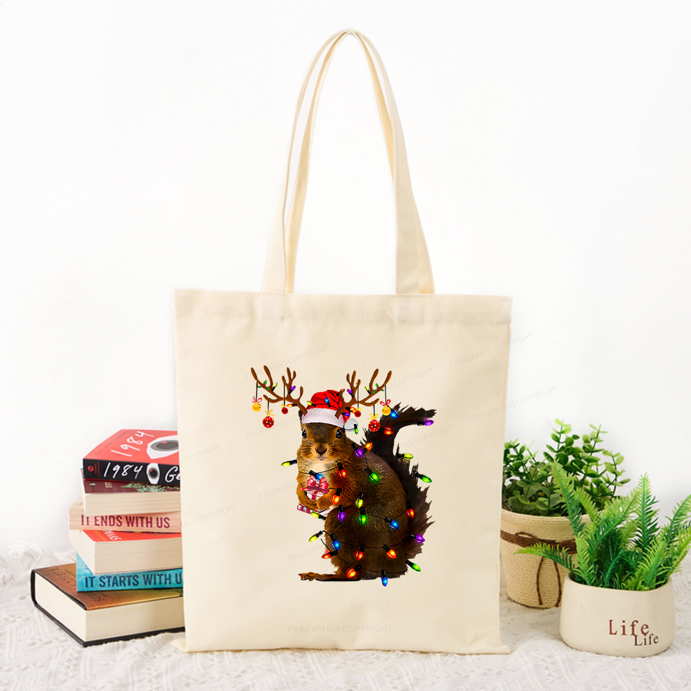 Pagewings Christmas Squirrel Lights Tote Bag