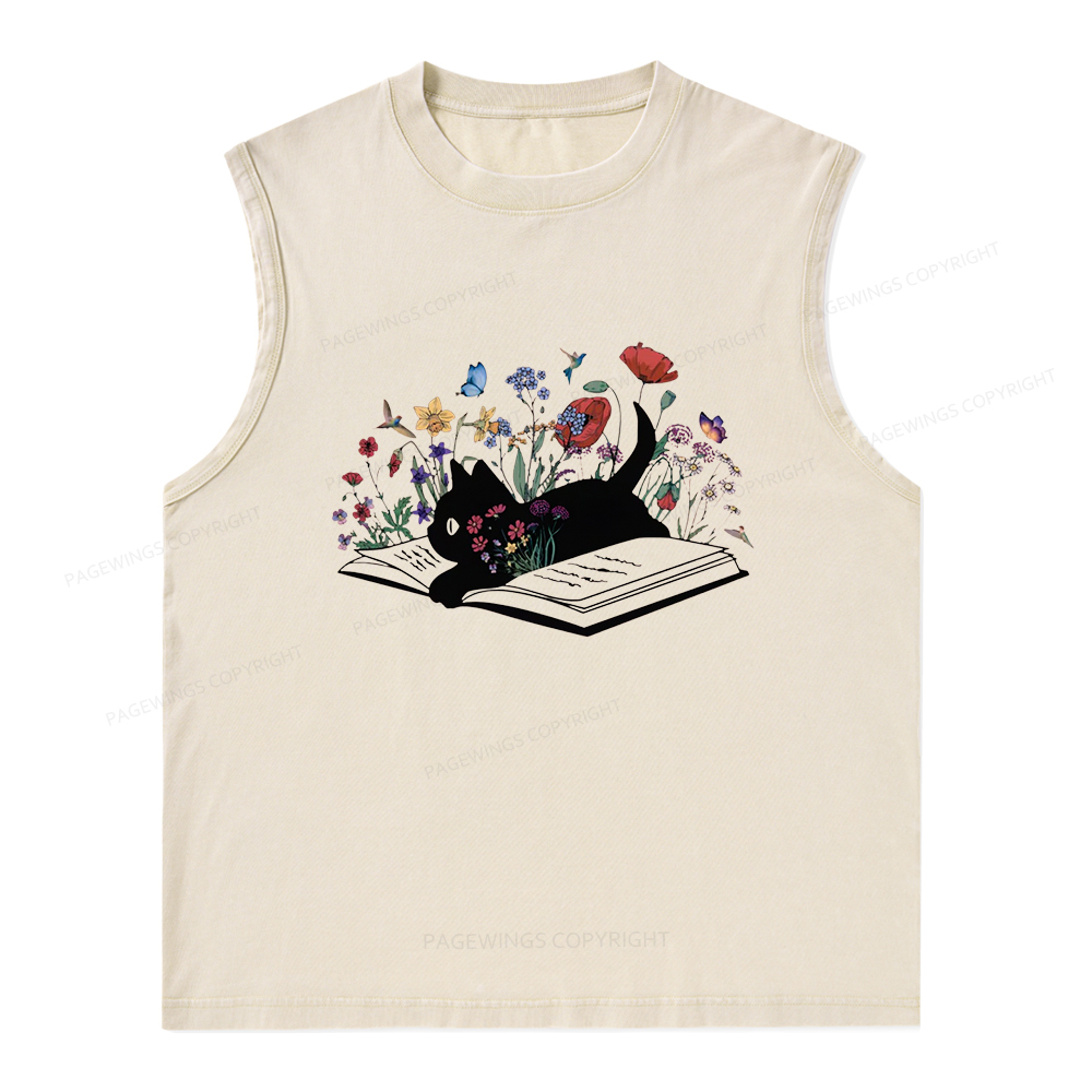 Pagewings Cute Book Cat Unisex Washed Tank Top