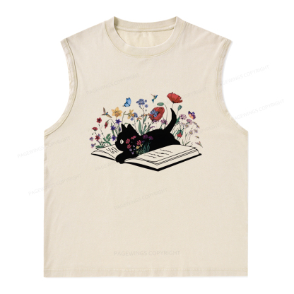 Pagewings Cute Book Cat Unisex Washed Tank Top