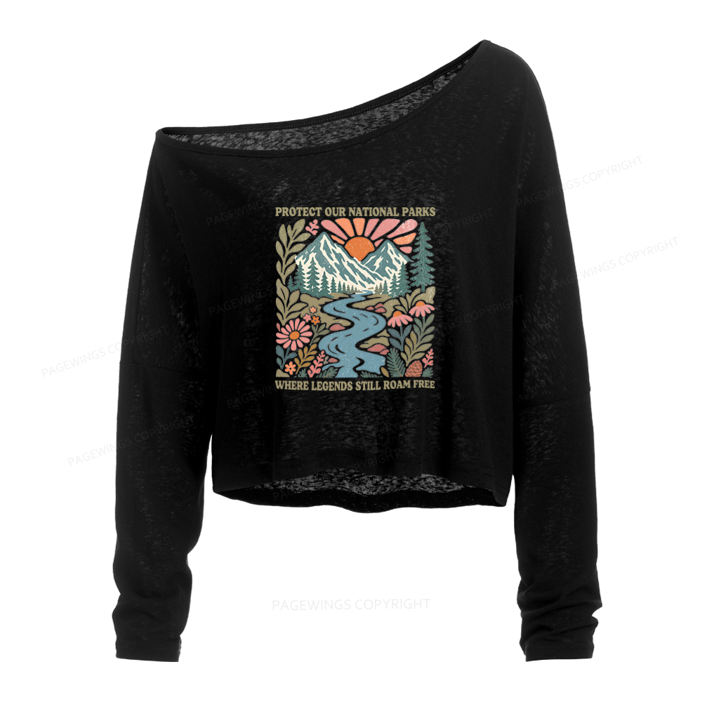 Pagewings National Parks Slouchy Long Sleeve Off Shoulder T-shirt