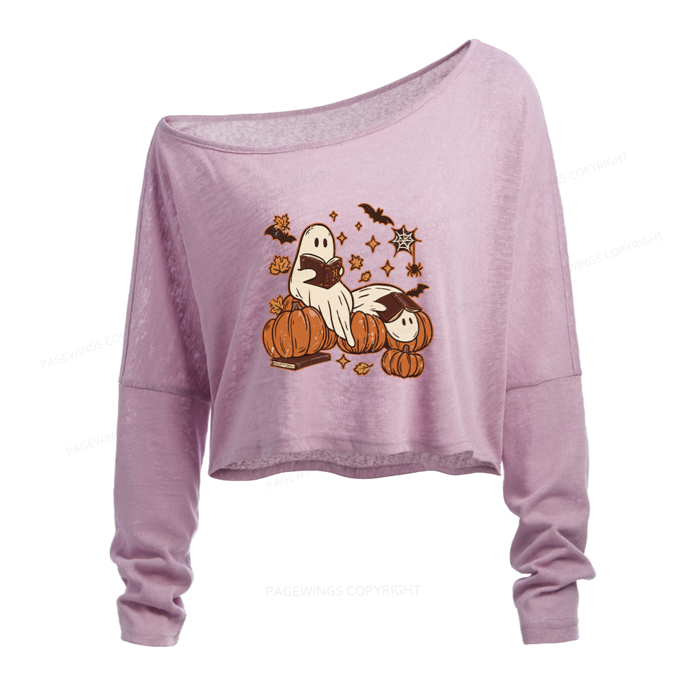 Pagewings Ghost Reading Slouchy Long Sleeve Off Shoulder T-shirt