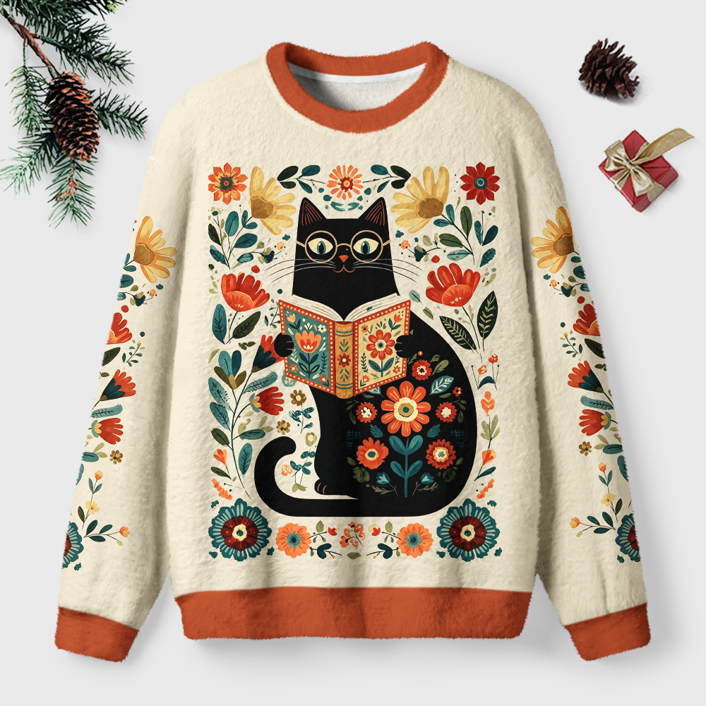 Pagewings Cat Book Lover Unisex Ugly Light Knit Sweatshirt