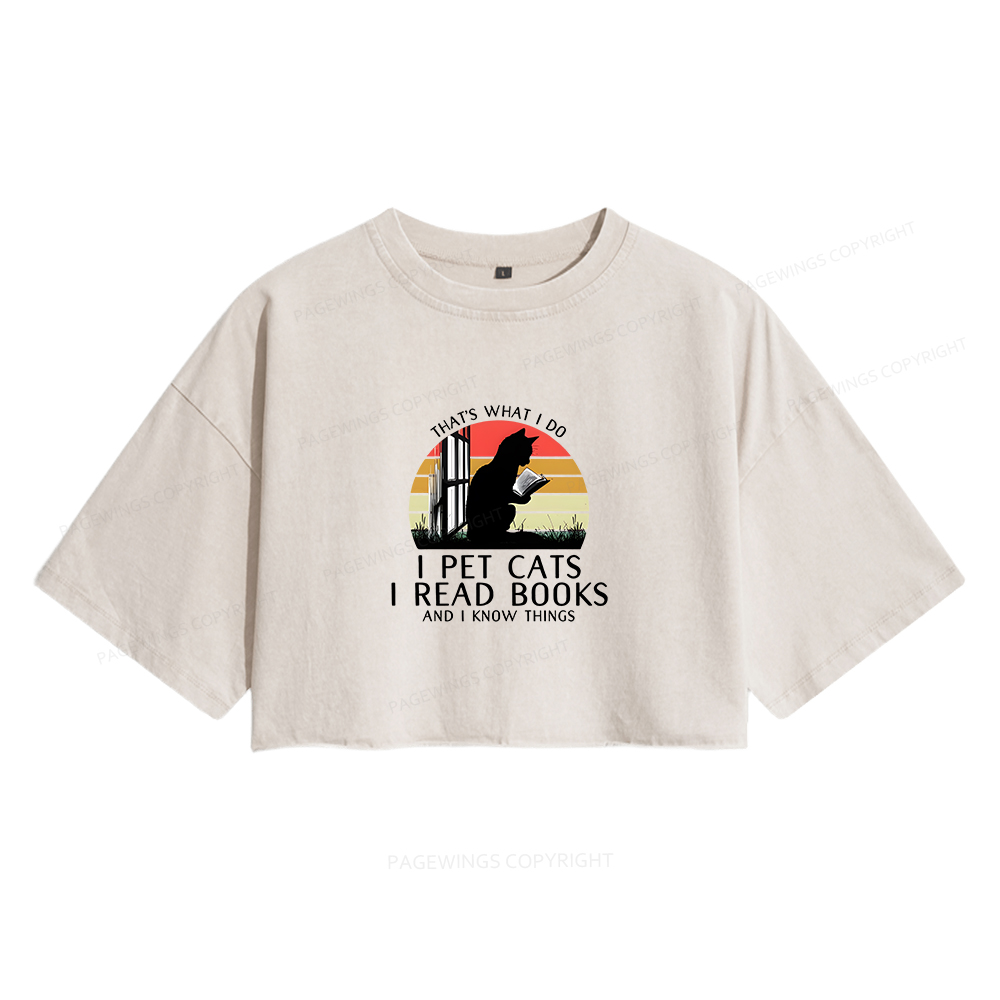 Pagewings Book Lover Cat And Book Women's Washed Cropped T-shirt