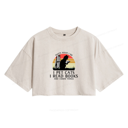 Pagewings Book Lover Cat And Book Women's Washed Cropped T-shirt