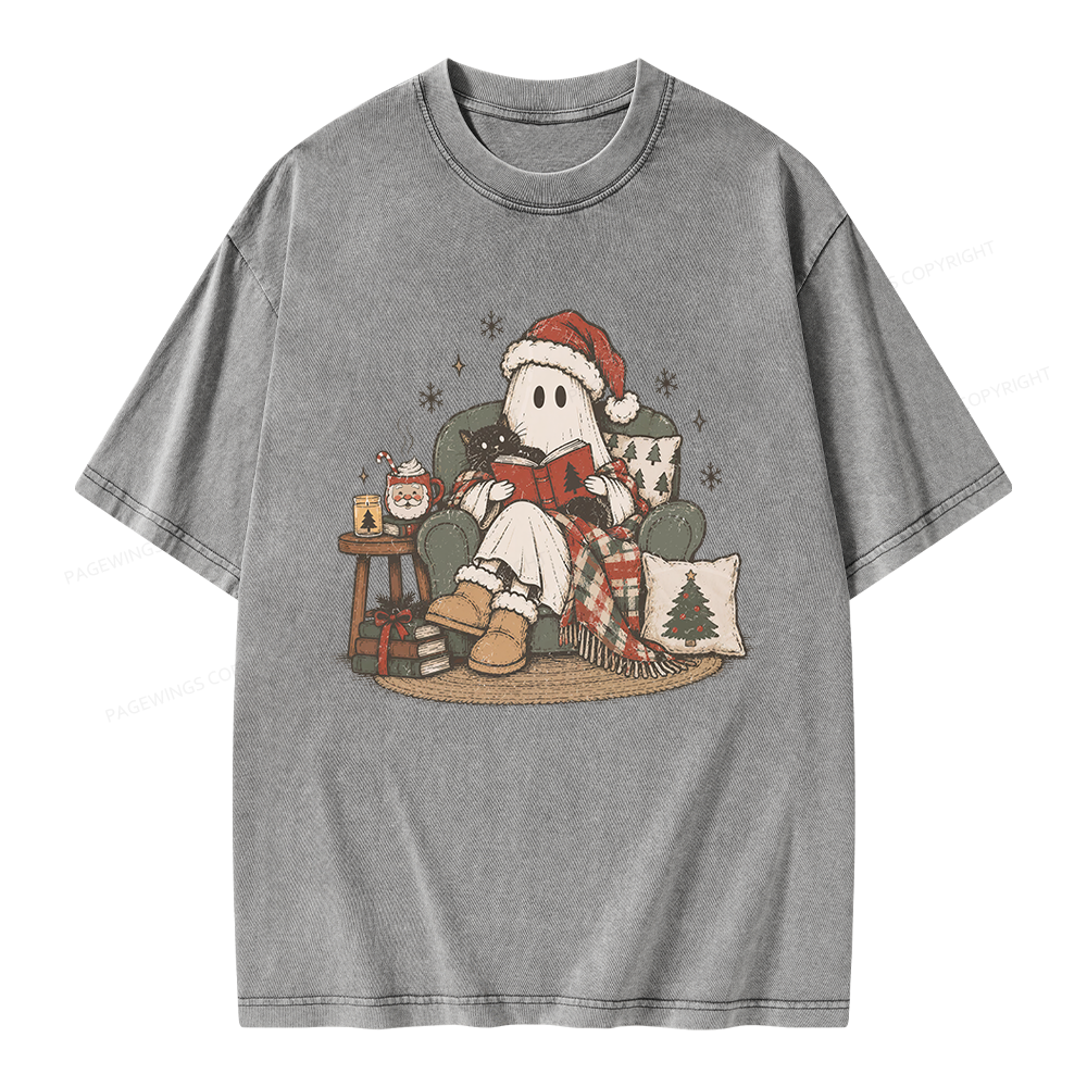 Pagewings Christmas Ghost Reading Unisex Washed T-shirt
