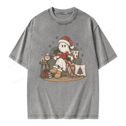 Pagewings Christmas Ghost Reading Unisex Washed T-shirt
