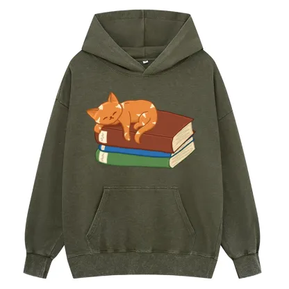Pagewings Orange Book Cat Unisex Washed Hoodie