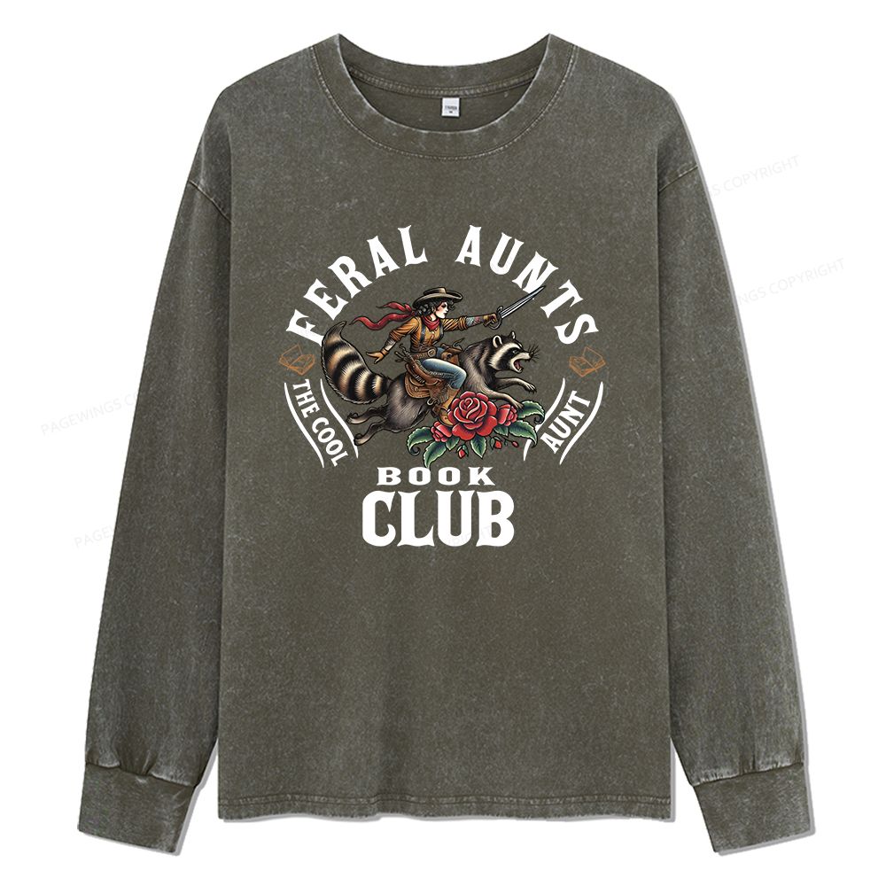 Pagewings Feral Aunt Social Book Club Unisex Washed Long Sleeve T-shirt