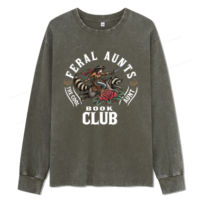 Pagewings Feral Aunt Social Book Club Unisex Washed Long Sleeve T-shirt
