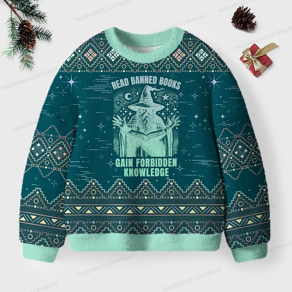 Pagewings Read Banned Books Gain Forbidden Knowledge Unisex Ugly Knit Sweatshirt