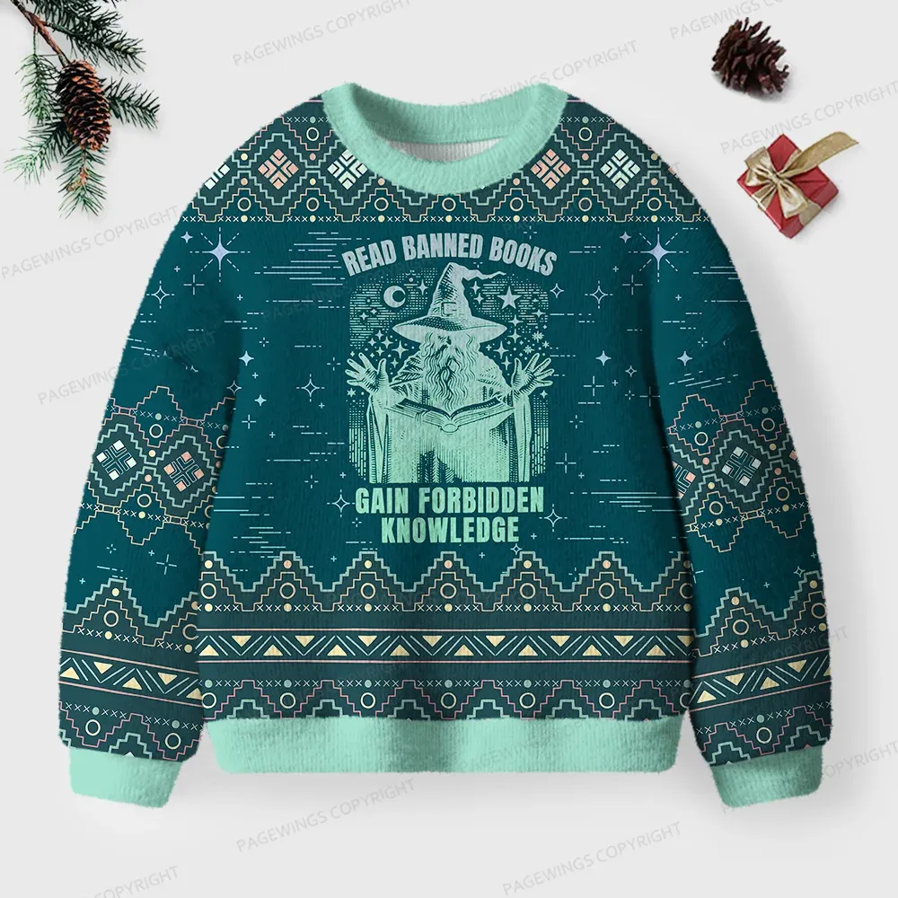 Pagewings Read Banned Books Gain Forbidden Knowledge Unisex Ugly Knit Sweatshirt