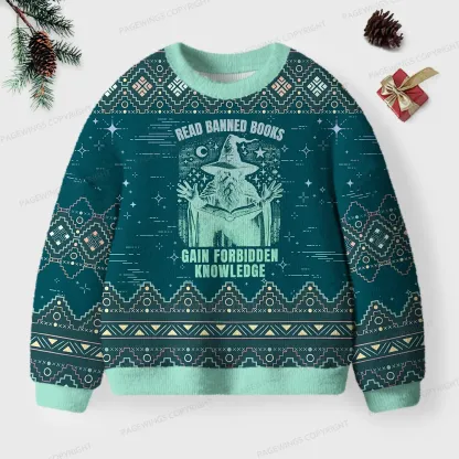 Pagewings Read Banned Books Gain Forbidden Knowledge Unisex Ugly Knit Sweatshirt
