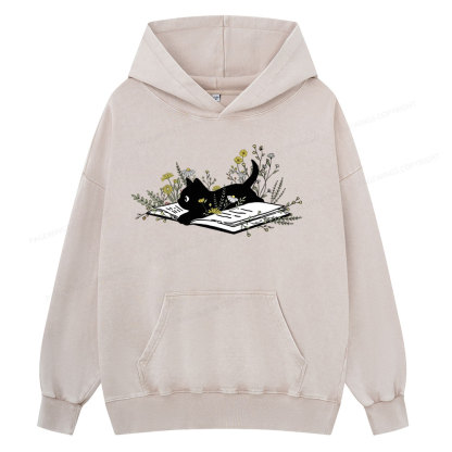 Pagewings Cute Book Cat Unisex Washed Hoodie