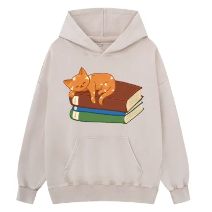 Pagewings Orange Book Cat Unisex Washed Hoodie