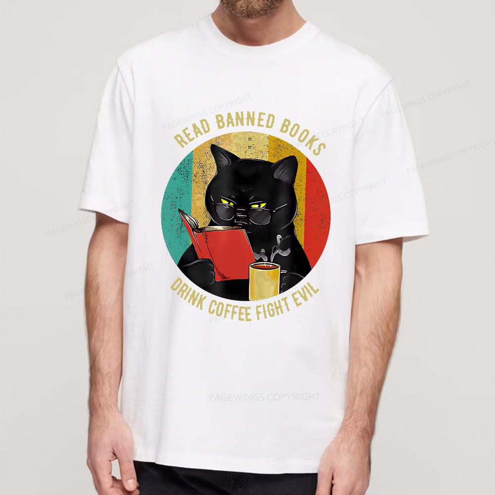 Pagewings Read Banned Books Drink Coffee Fight Evil Retro Cat Lovers T-Shirt Unisex Classic T-shirt
