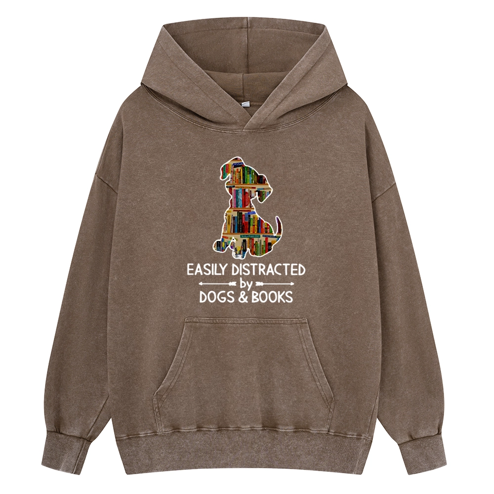 Pagewings Easily Distracted By Dogs And Books Unisex Washed Hoodie