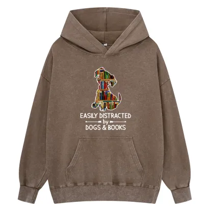 Pagewings Easily Distracted By Dogs And Books Unisex Washed Hoodie