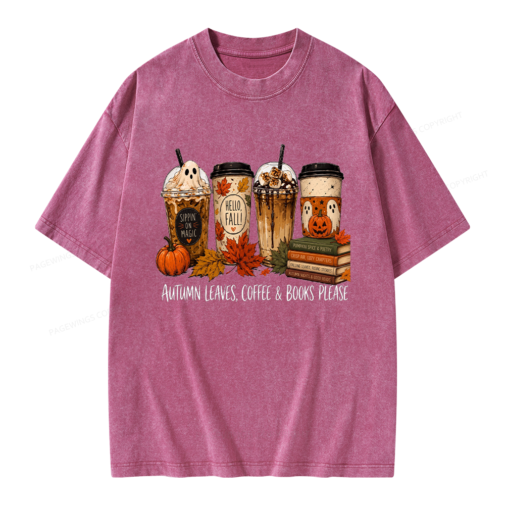 Pagewings Halloween Coffee Books Unisex Washed T-shirt